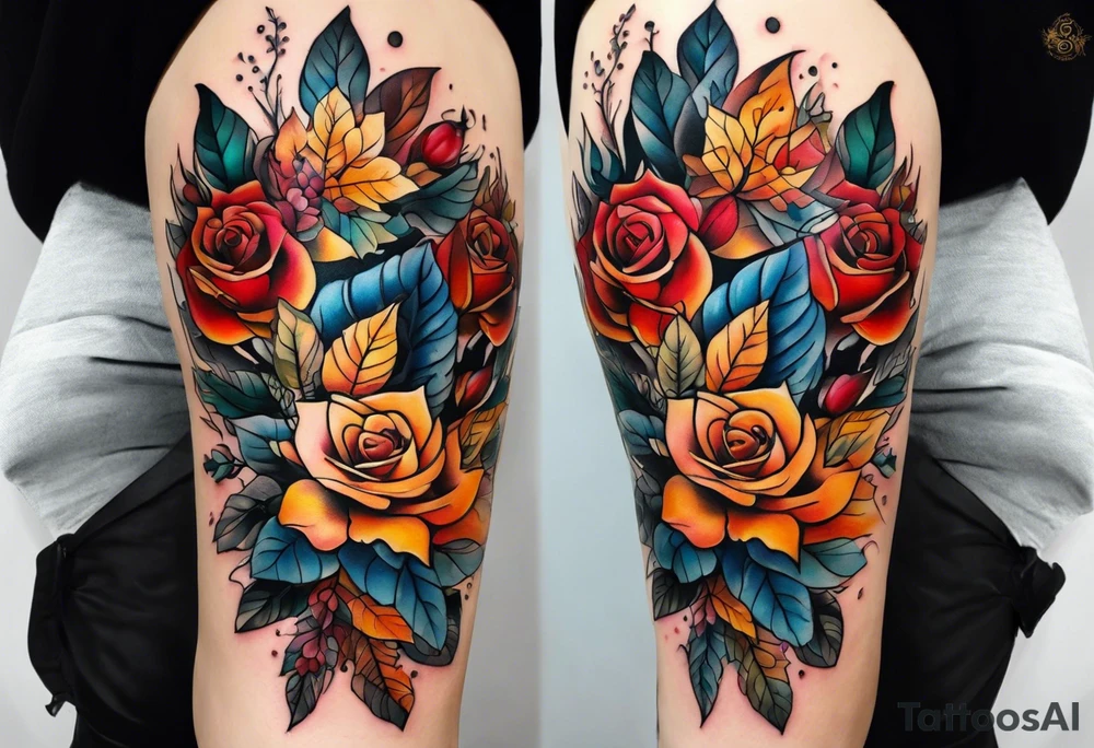 thigh tattoo with fall colors showing leaves, flowers, roses, water flow, and sky tattoo idea