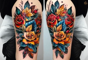 thigh tattoo with fall colors showing leaves, flowers, roses, water flow, and sky tattoo idea