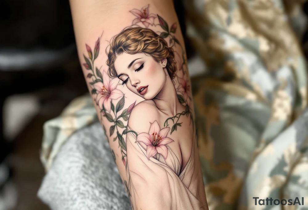 Alfons Mucha’s goddess-like figure in a draped ivory gown, surrounded by pale green vines and blooming lilies in soft pink tones. tattoo idea