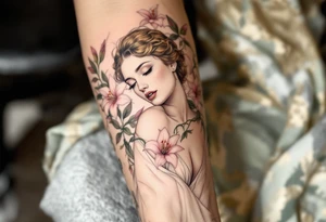 Alfons Mucha’s goddess-like figure in a draped ivory gown, surrounded by pale green vines and blooming lilies in soft pink tones. tattoo idea