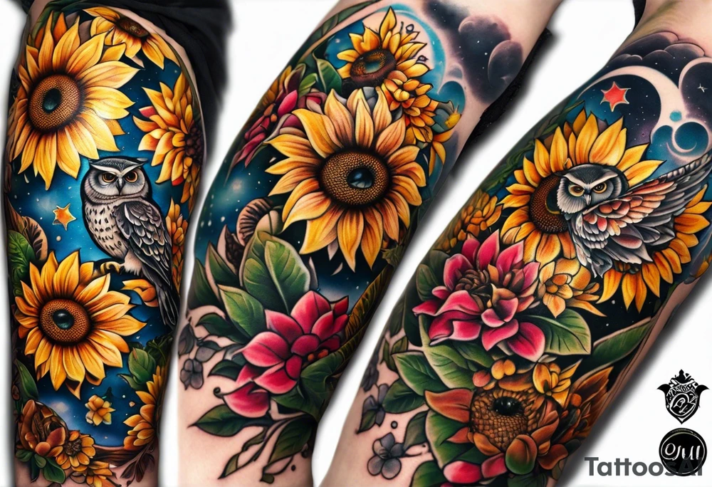 A lower forearm sleeve full colour mandala flowers, and owl, bees, pinecone, lady bugs. Moon sunflower honey suckle tattoo idea