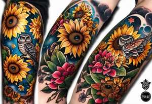 A lower forearm sleeve full colour mandala flowers, and owl, bees, pinecone, lady bugs. Moon sunflower honey suckle tattoo idea