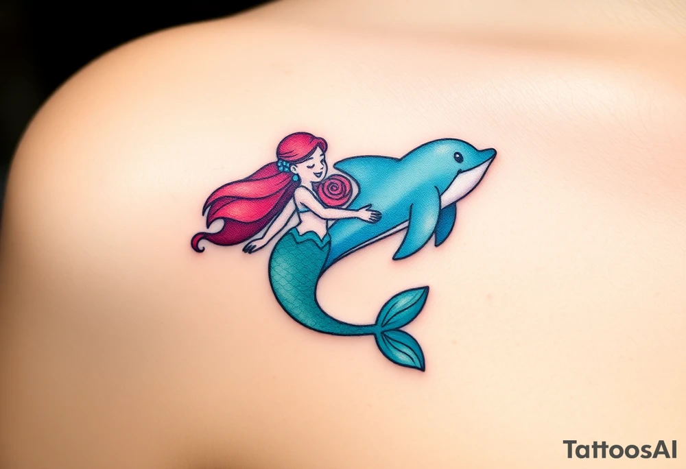 A mermaid swimming along with a dolphin through an enchanted sea tattoo idea