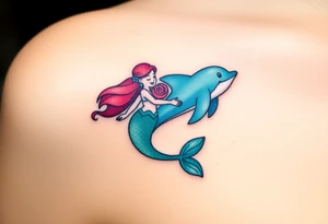 A mermaid swimming along with a dolphin through an enchanted sea tattoo idea