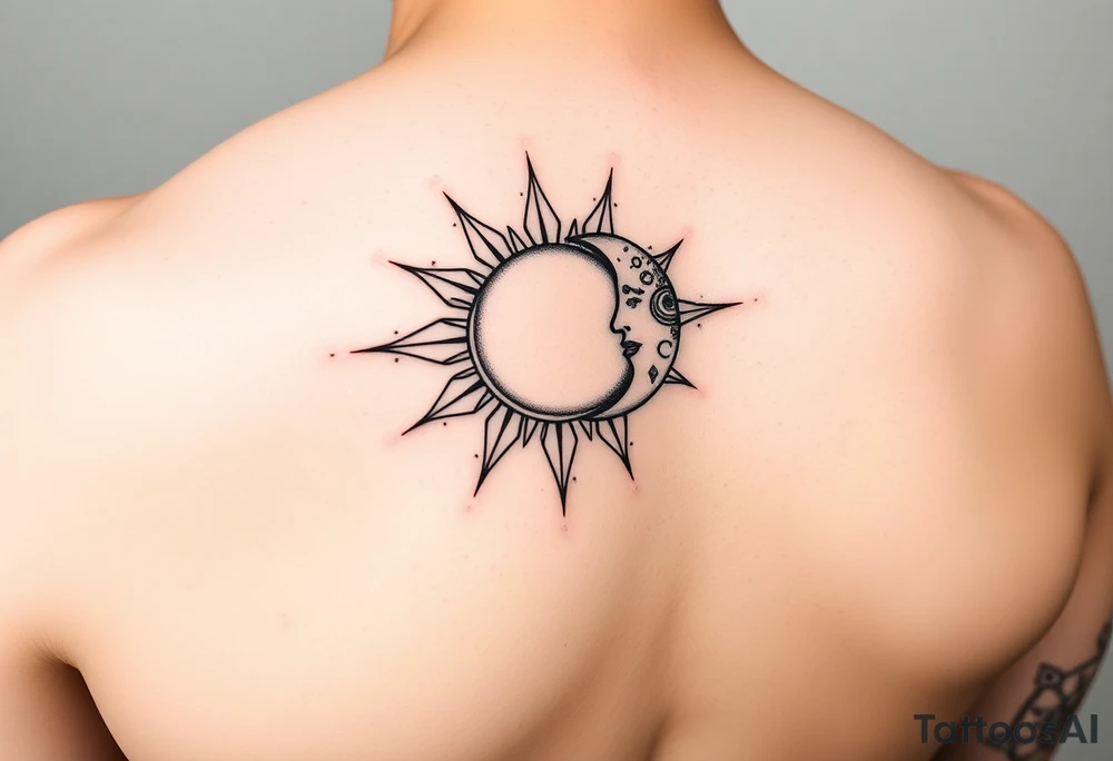 celestial sun and moon embrace with constellation patterns on arm tattoo idea