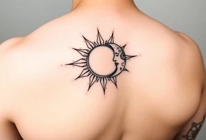 celestial sun and moon embrace with constellation patterns on arm tattoo idea
