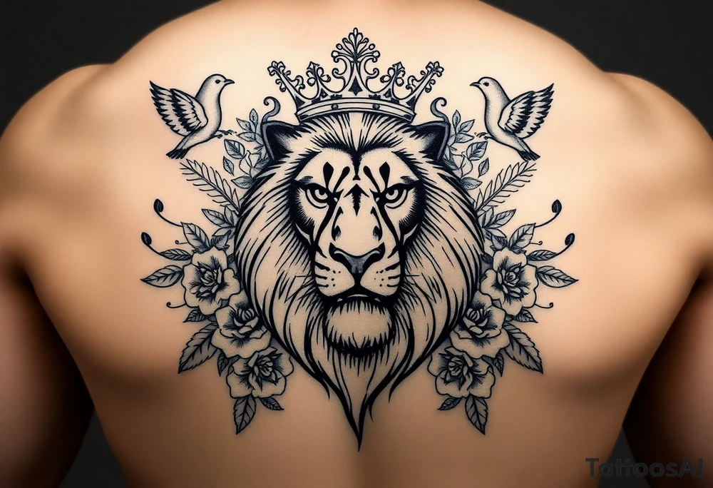 powerful majestic lion with a crown, surrounded by floral ornaments and birds tattoo idea
