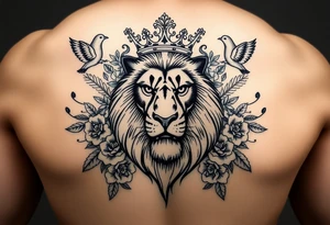 powerful majestic lion with a crown, surrounded by floral ornaments and birds tattoo idea