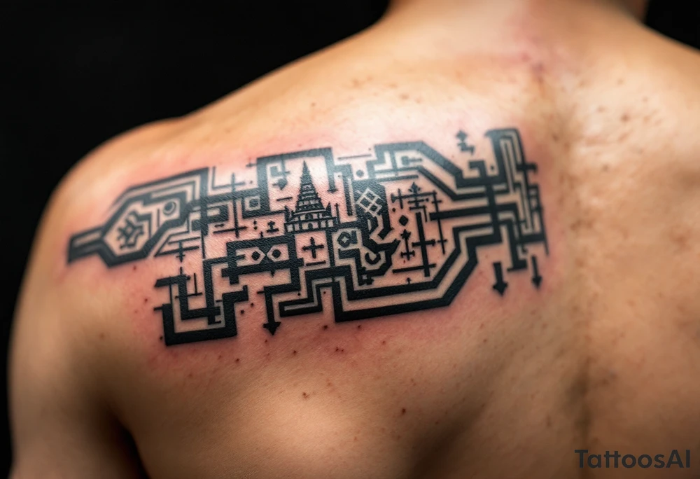 A Sak Yant tattoo is a sacred hand-poked design composed of precise geometric shapes, rows of ancient script, and symbolic imagery such as tigers, Hanuman, or temples, all meticulously arranged to channel protection, strength, and spiritual energy. tattoo idea