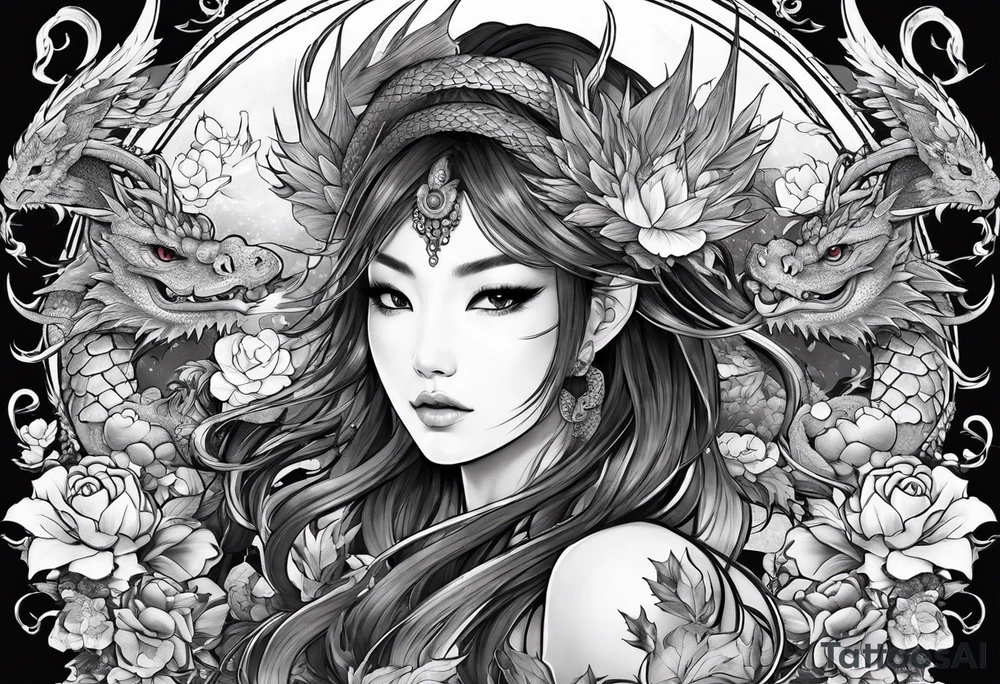 beautiful warrior nymph with dragon wings and dragon friends tattoo idea