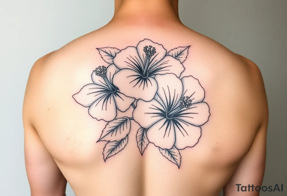 Three hibiscus flowers botanical big tattoo. FINE LINE add greenery around tattoo idea