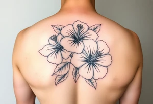 Three hibiscus flowers botanical big tattoo. FINE LINE add greenery around tattoo idea