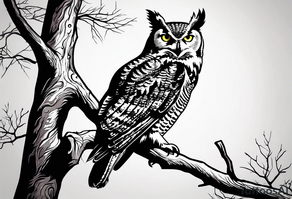 great horned owl in tree on back tattoo idea
