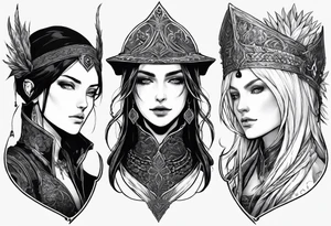 A tattoo picturing 3 women, Malenia from Elden ring, Lady Maria from bloodborne and Sister Friede from Dark Souls 3. Their backgrounds will be overlapping tattoo idea