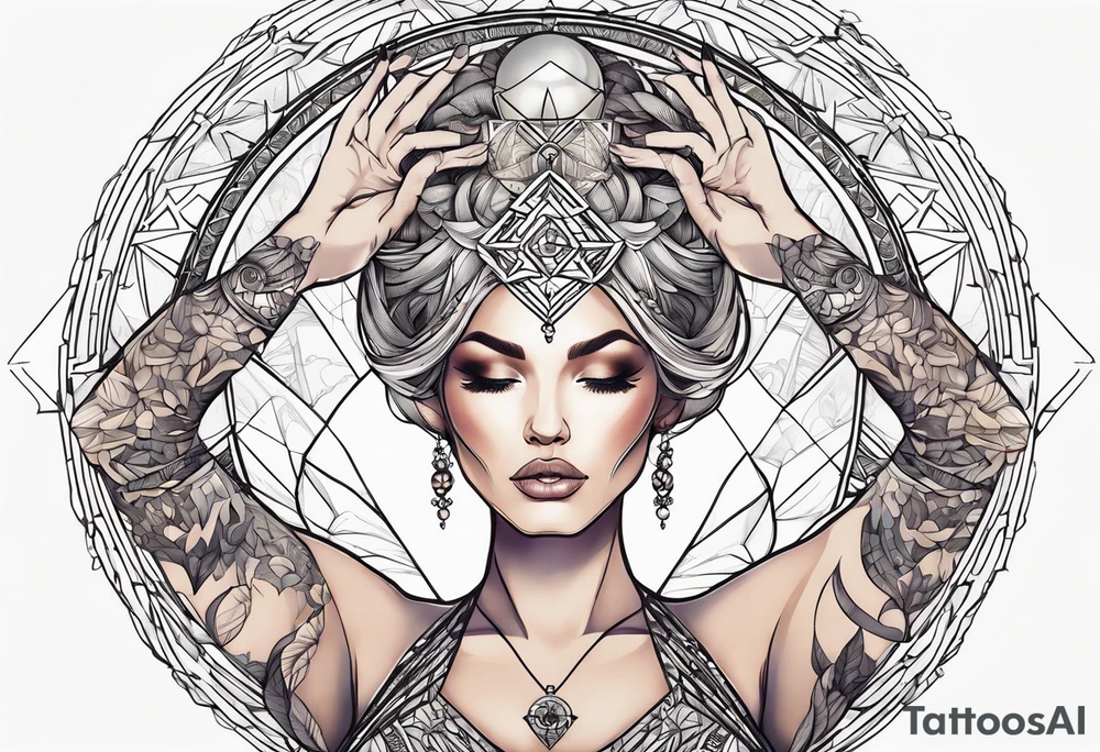 Woman , hands above her head, holding orb of creation tattoo idea