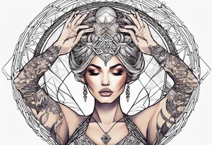 Woman , hands above her head, holding orb of creation tattoo idea