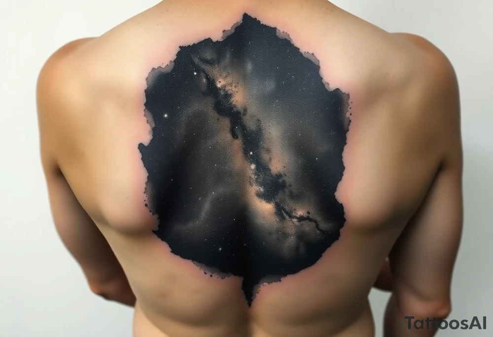 Beautiful and epic 3d milky way that appears to be what is beneath the skin. Make it drape over the shoulder and move to the middle back. use negative spaces to create stars and dust. Incorporate God breathing life into the universe. Keep it symmetrical tattoo idea