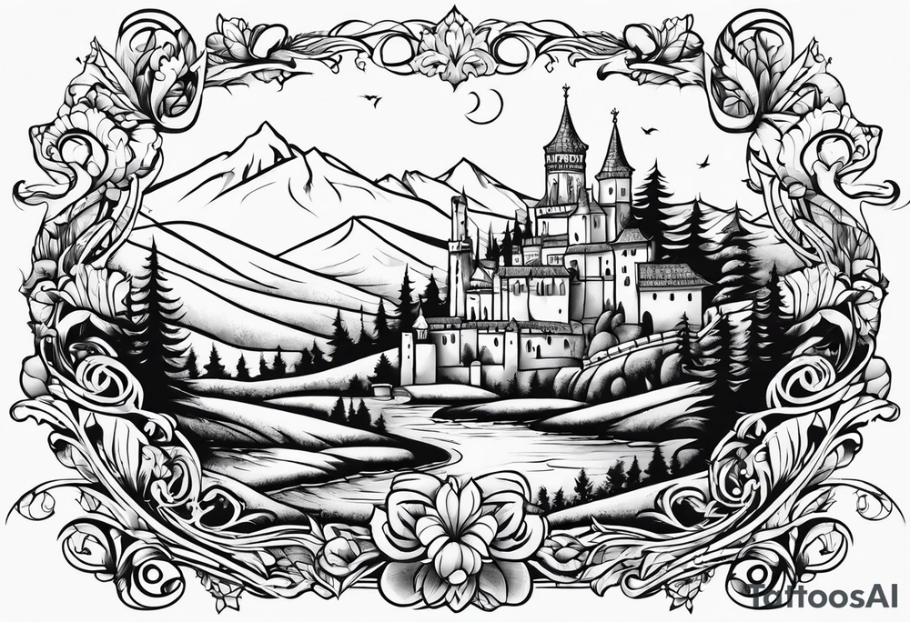 medieval tribal city 
floral  land  vignette tattoo idea