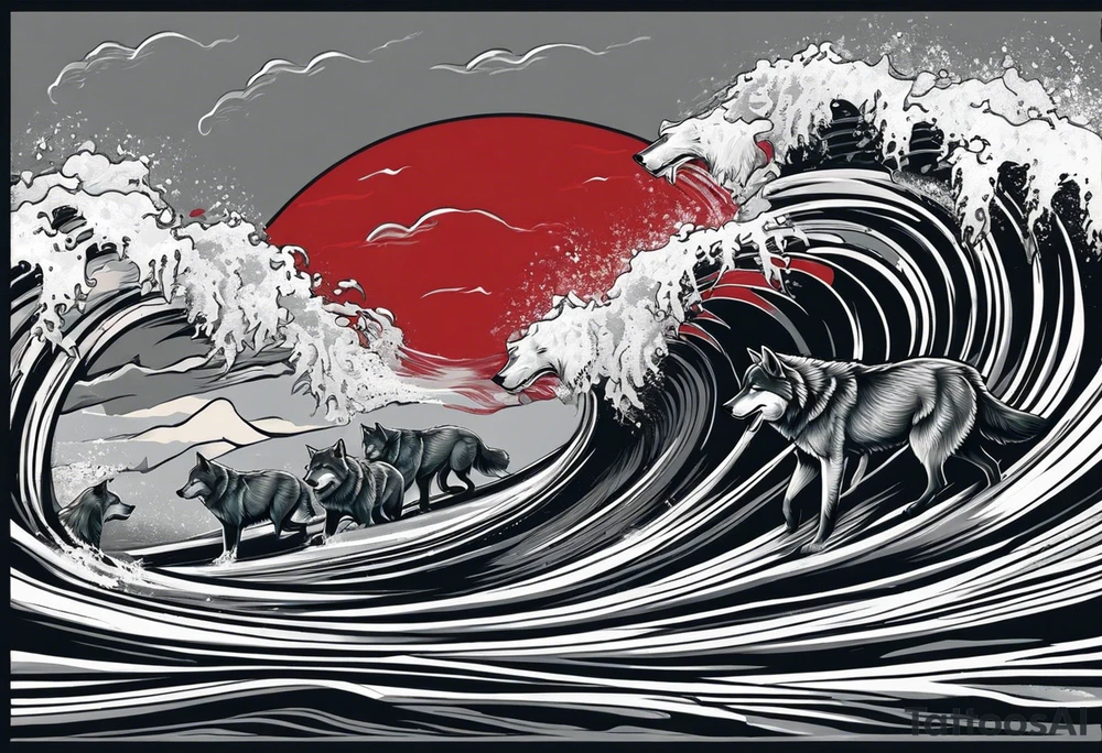 a pack of 3 howling muscular  gray wolves surfing waves with a linear background with red, white and black and gray including the word Howler in an aggressive script font tattoo idea