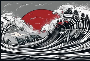 a pack of 3 howling muscular  gray wolves surfing waves with a linear background with red, white and black and gray including the word Howler in an aggressive script font tattoo idea