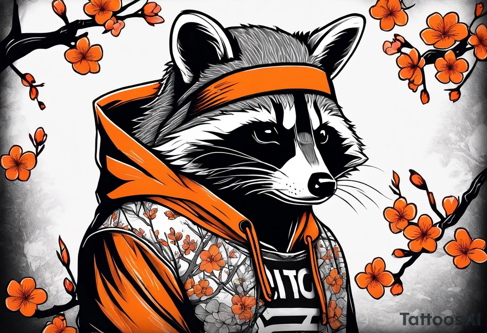 raccoon wearing a black and white Superman hoodie and orange Japanese cherry blossoms tattoo idea
