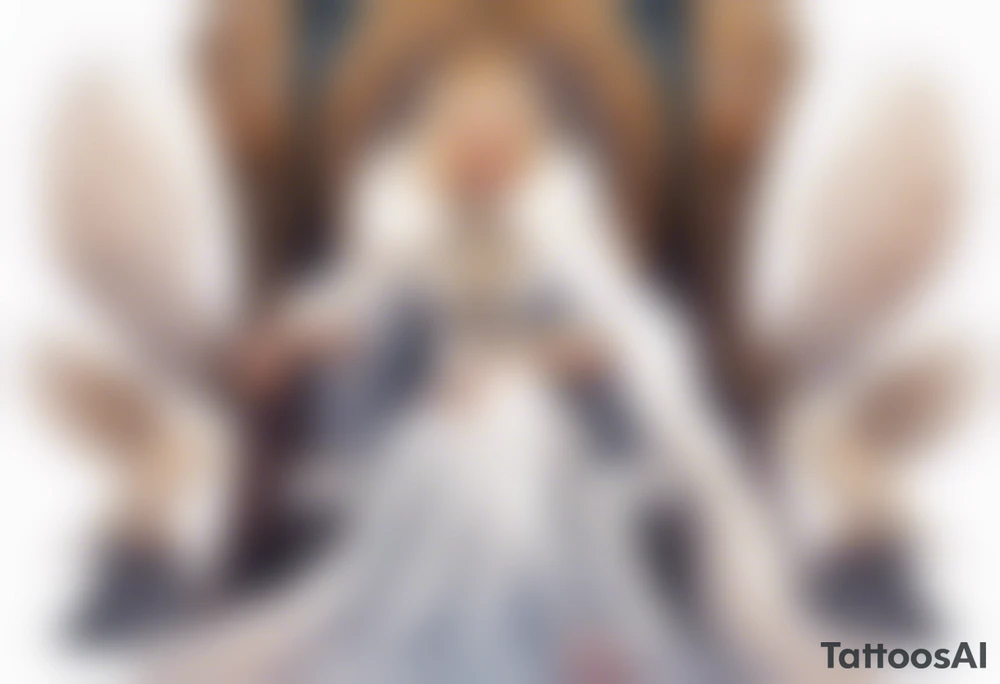 a 40-year-old Norse queen with blonde hair wearing a white fur cloak sitting on a throne with a dove on her shoulder tattoo idea