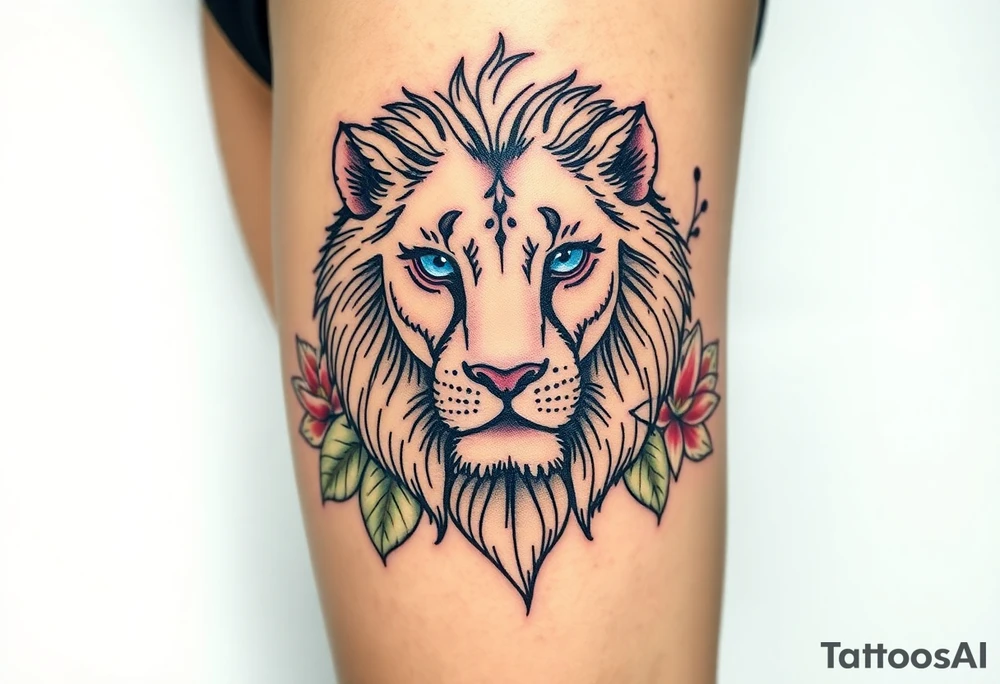 Lion with blue eyes surrounded by larkspur and water lily tattoo idea