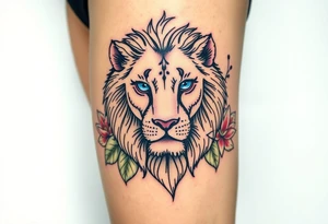 Lion with blue eyes surrounded by larkspur and water lily tattoo idea