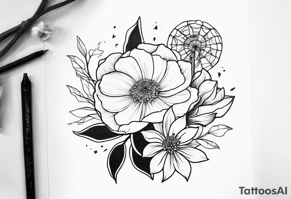 gardenia and dandelions forearm tattoo idea