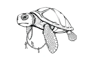 I giant turtle with chains around its legs with tiny men at the endss of it tattoo idea
