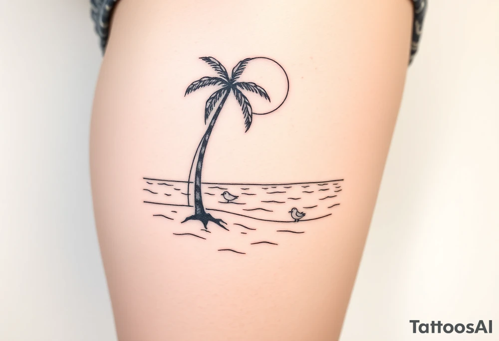 happy, peaceful, serene, timeless, ocean, sand, palm tree, seagulls, sun tattoo idea