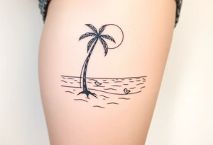 happy, peaceful, serene, timeless, ocean, sand, palm tree, seagulls, sun tattoo idea