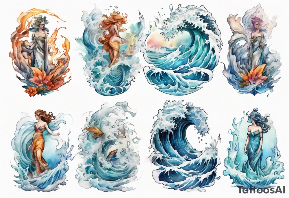 a beautiful glass statue standing in crashing waves tattoo idea