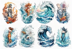 a beautiful glass statue standing in crashing waves tattoo idea