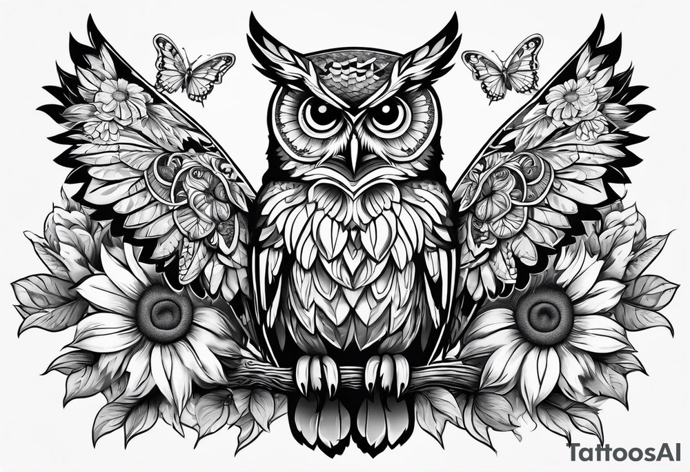 Owl with butterfly body surrounded by sunflowers tattoo idea