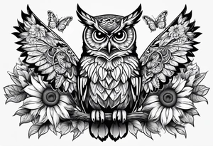 Owl with butterfly body surrounded by sunflowers tattoo idea