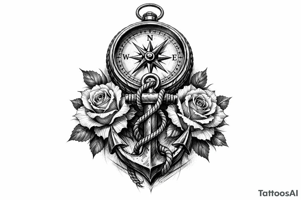 a compass under it an anchor, roses. tattoo idea