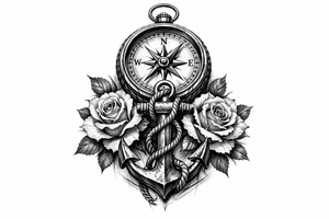 a compass under it an anchor, roses. tattoo idea