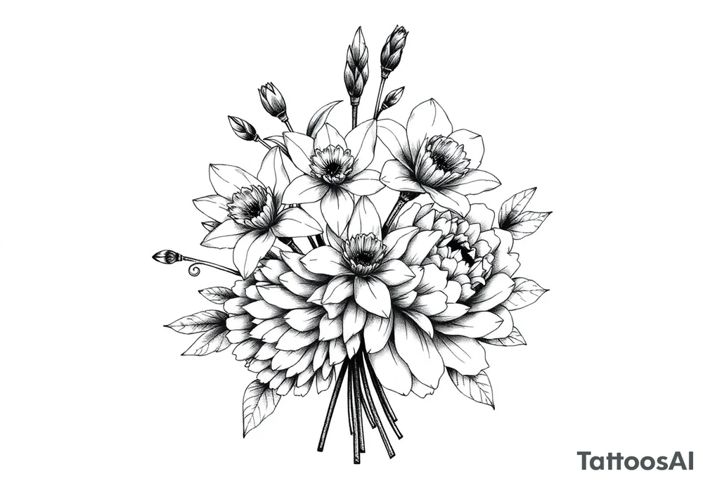 small daffodils, jonquils, chrysanthemum and peony in a bouquet tattoo idea