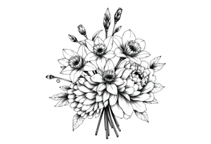 small daffodils, jonquils, chrysanthemum and peony in a bouquet tattoo idea