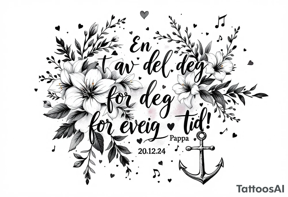 make a quote saying "En del av deg for evig tid! 
Pappa 20.12.24"
Surrounded by delicate long blossom gladious, music notes, hearts and an anchor on the lower right side tattoo idea