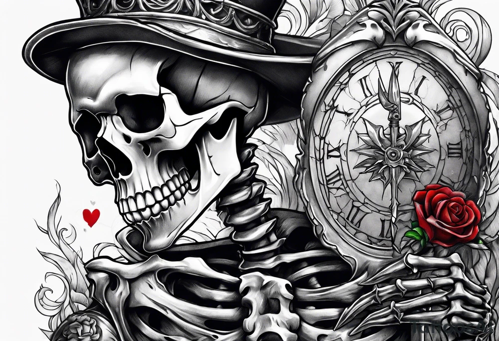 depressed skeleton holding his heart in his hand with a dagger through it tattoo idea