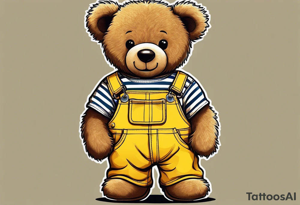 image of the back of a light brown teddy bear standing in yellow overalls, striped tank top and wearing boots tattoo idea