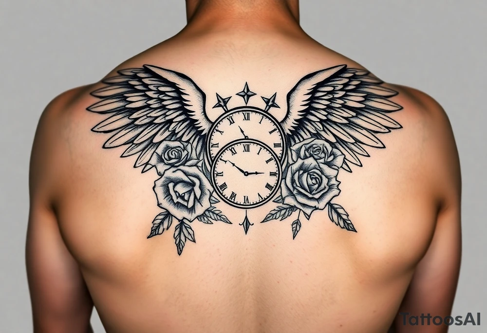 In memory of daddy angel wings and roses with clocks tattoo idea