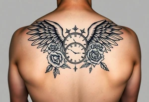 In memory of daddy angel wings and roses with clocks tattoo idea