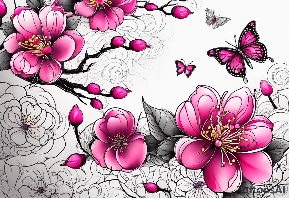 Vibrant, pink plum blossom flowers with butterflies tattoo idea