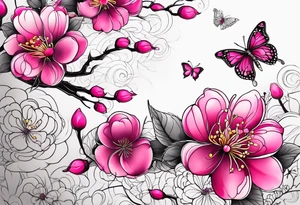Vibrant, pink plum blossom flowers with butterflies tattoo idea