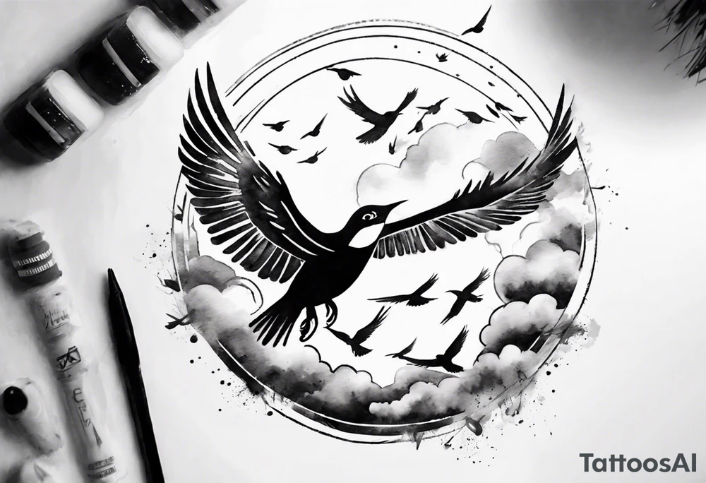 shoulder tattoo with light rays with birds flying free among the clouds, round shape, 3d effect tattoo idea