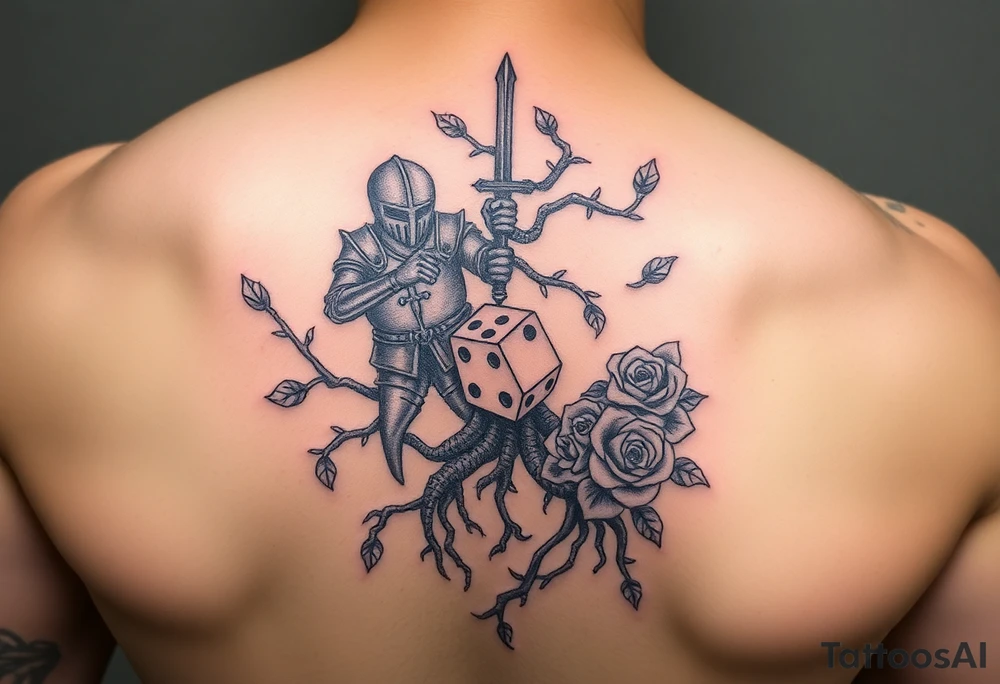 knight and squid intertwined with tree roots and roses rolling dice tattoo idea