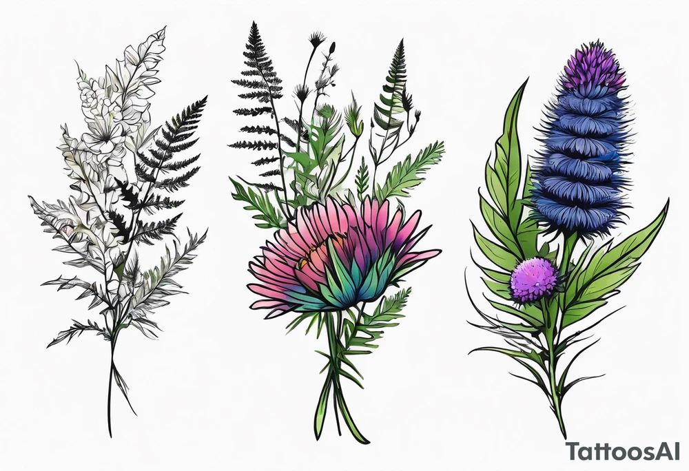 small vertical mixed wildflower bouquet with ferns, thistle and with color tattoo idea